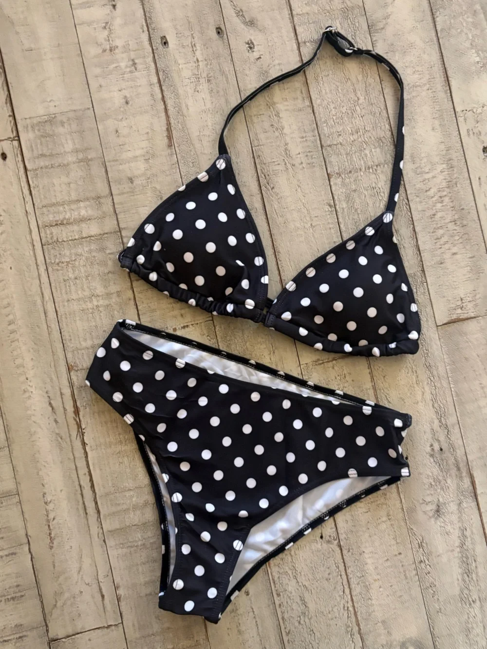 Girls Black Polka Dot Triangle Bikini Set with Side Tie Skirt